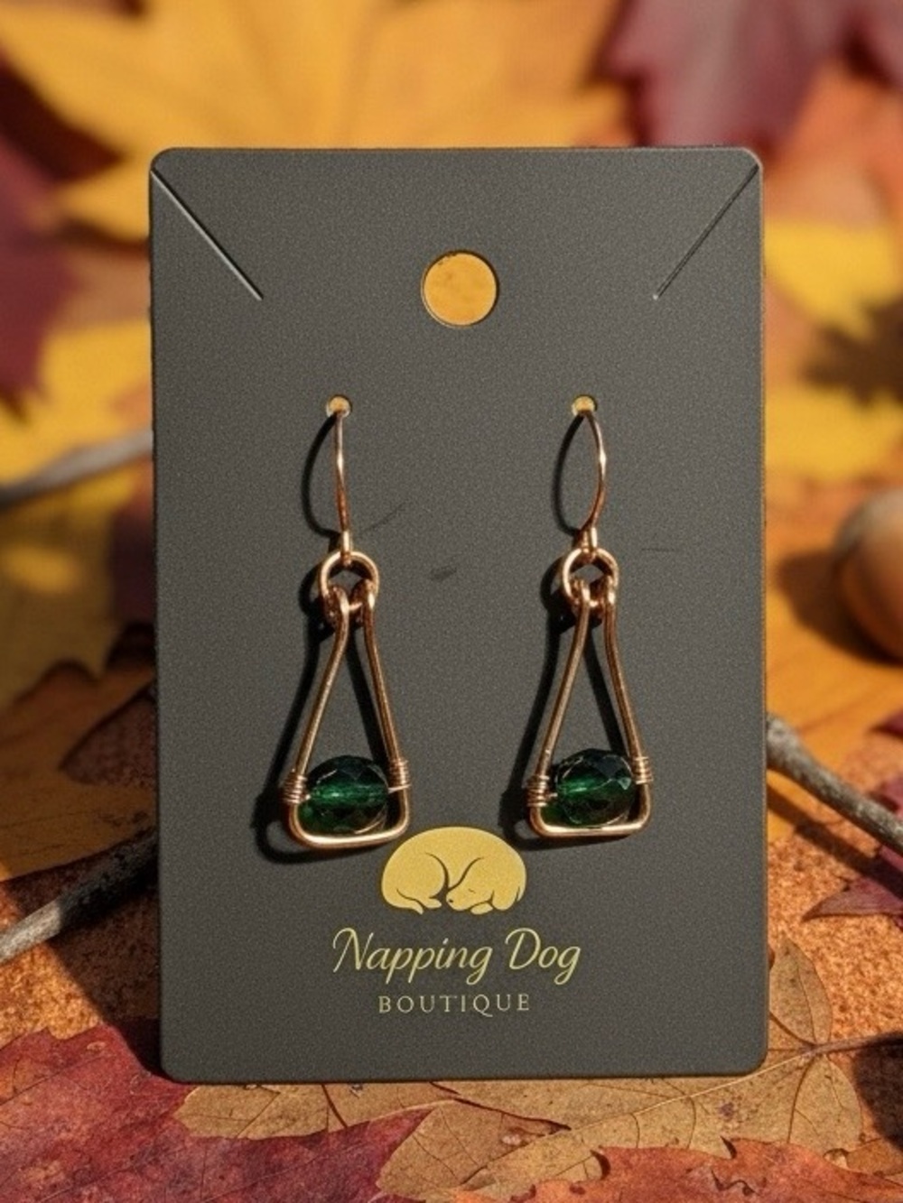 Hand Twisted Copper Earrings with Green Bead Accent